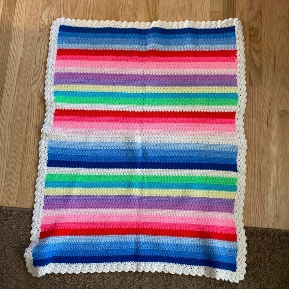 Vintage Rainbow Stripe Baby Blanket Hand Knit Crochet Kids Red Pink Blue Green